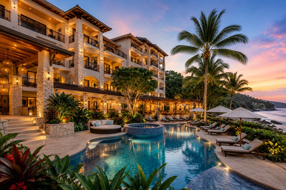 Illustrative luxury tropical resort hotel in Costa Rica