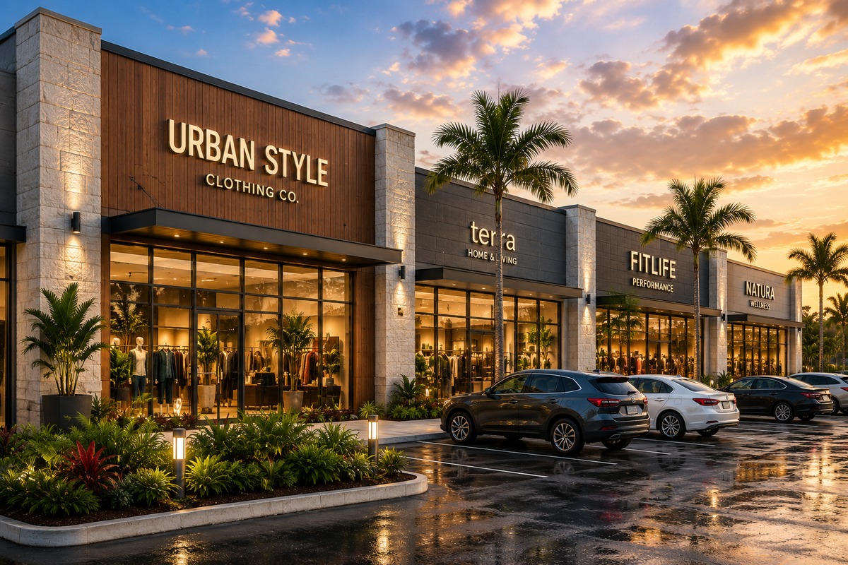Illustrative modern retail center in a tropical Costa Rica setting