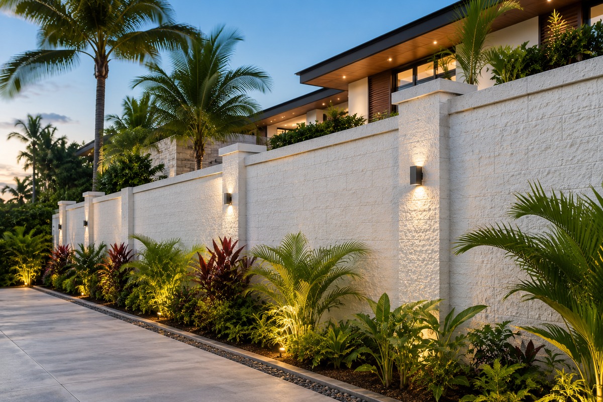 Illustrative tropical privacy wall concept using insulated concrete construction